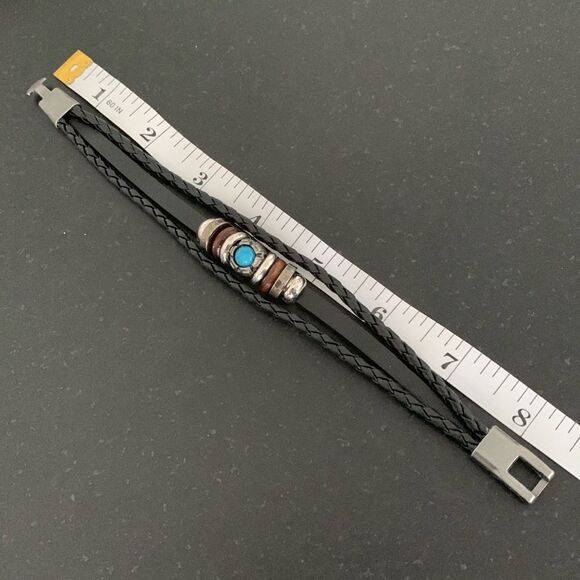 Men’s Black Ibiza Vegan Leather Multi-Strand Cuff Bracelet with Faux Turquoise - Picture 11 of 11